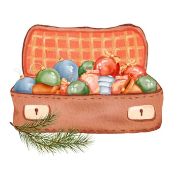 Christmas scene. cozy suitcase filled with holiday ornaments. Colorful baubles, delicate bells. A new year tree branch. For cards, invites, posters, stickers. Watercolor illustration.