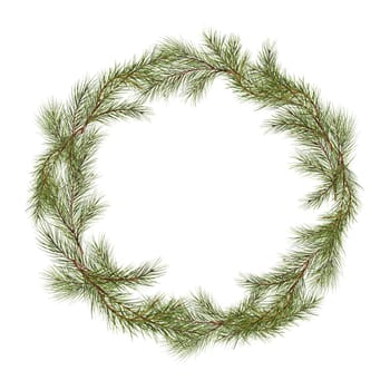 Basic Christmas wreath crafted from pine boughs. Circular frame with space for text. Evergreen for the festive tone. Template for holiday cards, invites, and more. Watercolor digital illustration.