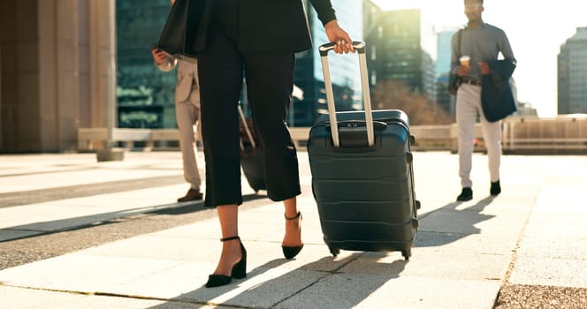 Man, woman and travel with work for corporate, professional and airport with luggage to plane. Formal, career and executives with luxury in first class and visa, booking and.