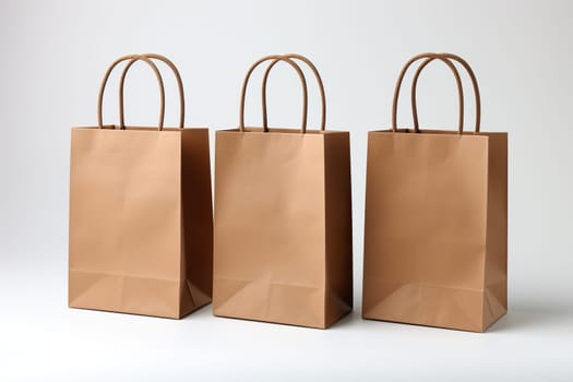 Set of new empty paper bag with handles without inscriptions and logos on a white background. Made from brown craft paper. Generated by artificial intelligence