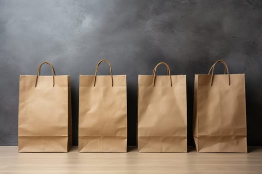 Set of new empty paper bag with handles without inscriptions and logos on a background of a gray wall. Made from brown craft paper. Generated by artificial intelligence