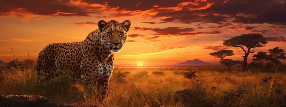 Wild savannah at sunset photo realistic illustration - Generative AI. Savannah, sunset, animals, tree, sky.
