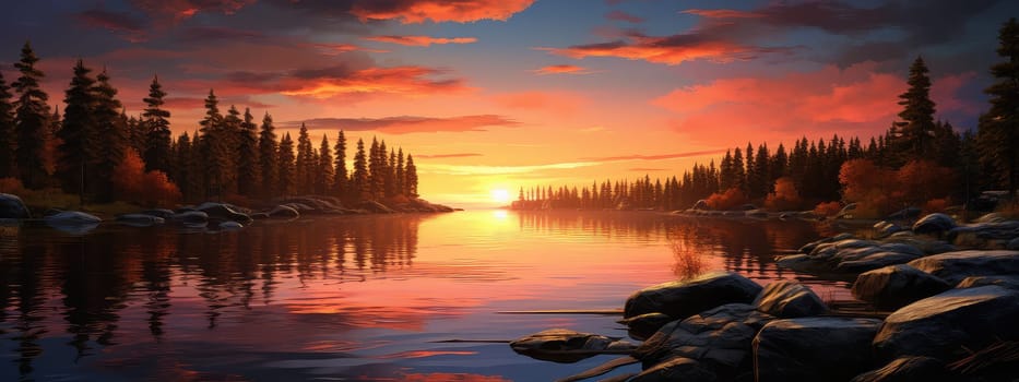 Tranquil lakeside at dusk photo realistic illustration - Generative AI. Lake, dusk, pines, red, sky.