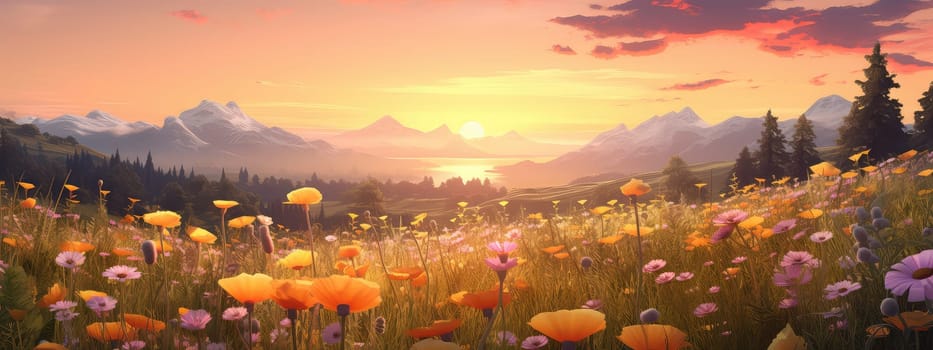 Wildflower meadow at golden hour photo realistic illustration - Generative AI. Meadow, wildflower, sunset, sky.