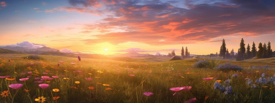 Wildflower meadow at golden hour photo realistic illustration - Generative AI. Meadow, wildflower, sunset, sky.