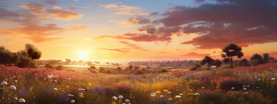 Wildflower meadow at golden hour photo realistic illustration - Generative AI. Meadow, wildflower, sunset, sky.