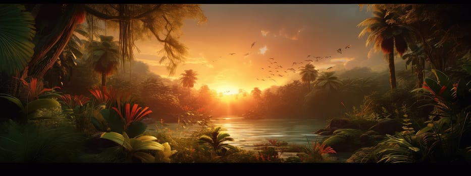 Dense jungle at sunset photo realistic illustration - Generative AI. Jungle, sunset, tree, plant.