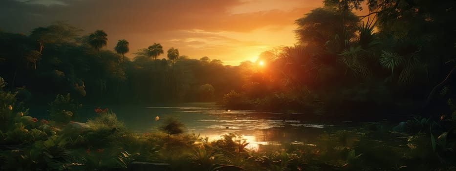 Dense jungle at sunset photo realistic illustration - Generative AI. Jungle, sunset, tree, plant.
