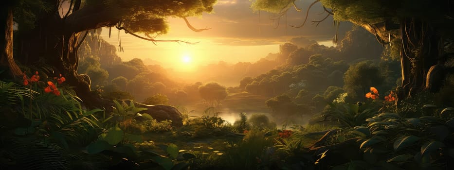 Dense jungle at sunset photo realistic illustration - Generative AI. Jungle, sunset, tree, plant.