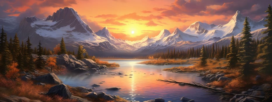 Encounter the untouched beauty photo realistic illustration - Generative AI. Snowy, mountain, lake, sunset, pines.