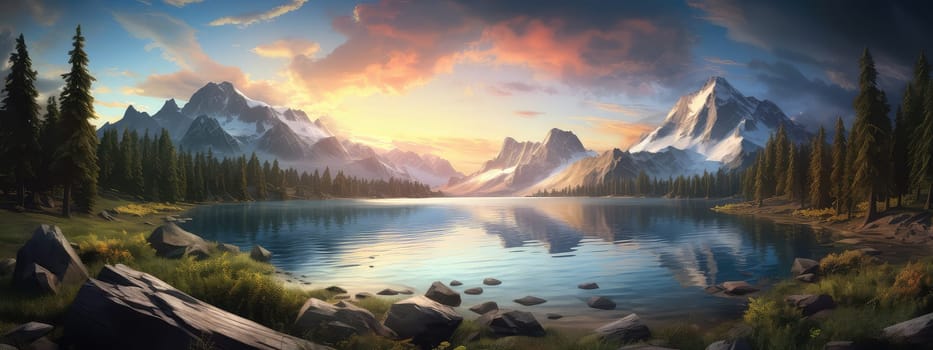 Encounter the untouched beauty photo realistic illustration - Generative AI. Snowy, mountain, lake, sunset, pines.