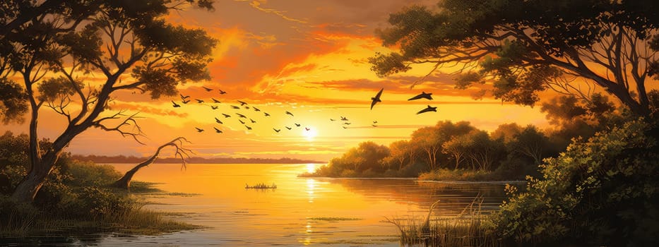 Magic of a coast photo realistic illustration - Generative AI. Coast, sunset, birds, trees, river.