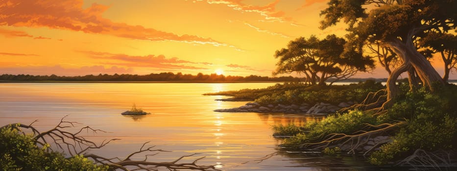 Magic of a coast photo realistic illustration - Generative AI. Coast, sunset, birds, trees, river.