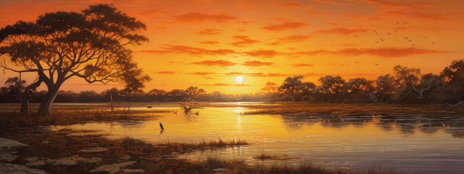 Magic of a coast photo realistic illustration - Generative AI. Coast, sunset, birds, trees, river.