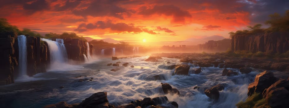 Raw power of a waterfall photo realistic illustration - Generative AI. Red, sunset, waterfall, rapid.