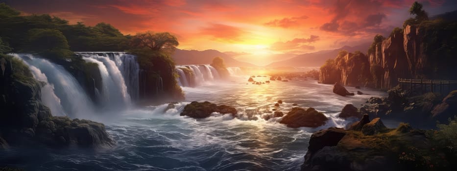 Raw power of a waterfall photo realistic illustration - Generative AI. Red, sunset, waterfall, rapid.