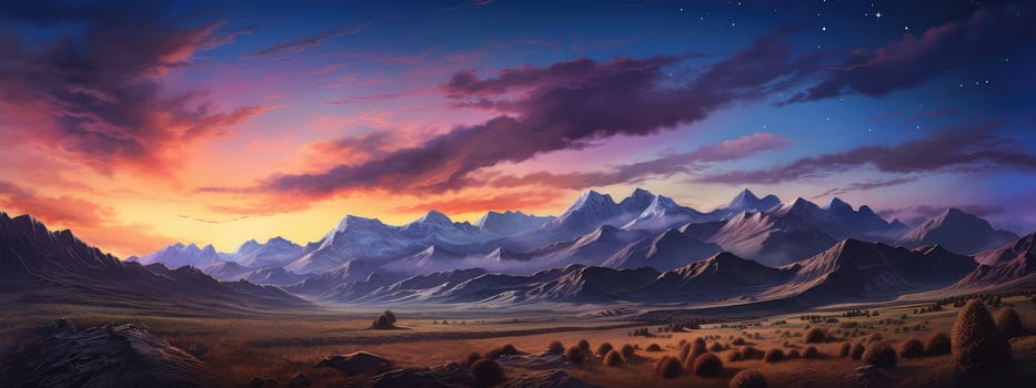 Untamed wilderness of a mountain at sunset photo realistic illustration - Generative AI. Sunset, plain, mountain, grass.