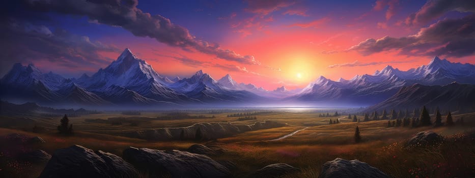 Untamed wilderness of a mountain at sunset photo realistic illustration - Generative AI. Sunset, plain, mountain, grass.