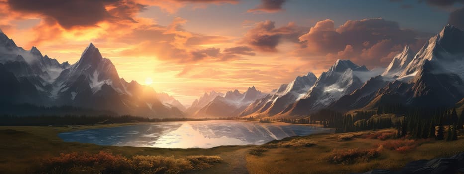 Untamed wilderness of a mountain at sunset photo realistic illustration - Generative AI. Sunset, plain, mountain, grass.