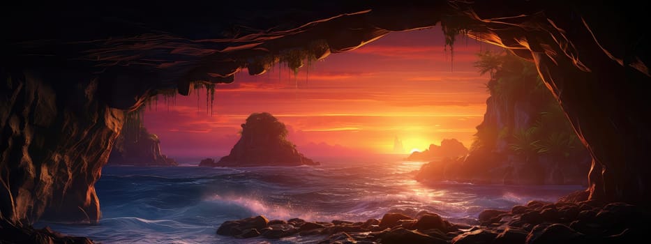 Coastal cave at sunset photo realistic illustration - Generative AI. Cave, sunset, water, stone.