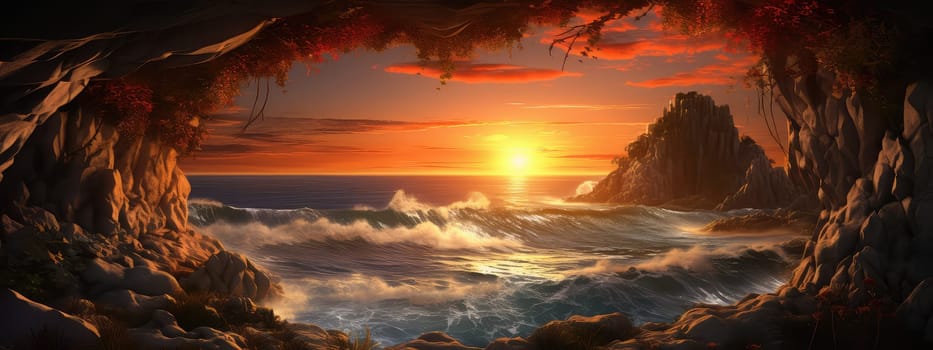 Coastal cave at sunset photo realistic illustration - Generative AI. Cave, sunset, water, stone.