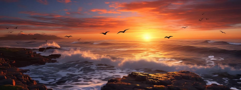 Coastline at twilight photo realistic illustration - Generative AI. Red, sky, sea, wave, birds.