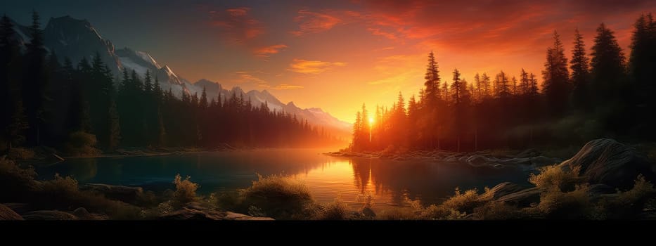 Dense ancient forest at sunset photo realistic illustration - Generative AI. Forest, pines, sunset, mountain, stone.