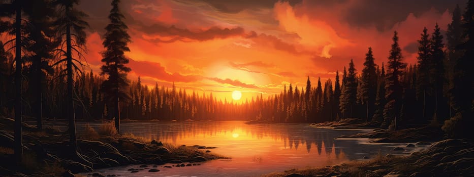 Dense ancient forest at sunset photo realistic illustration - Generative AI. Forest, pines, sunset, mountain, stone.