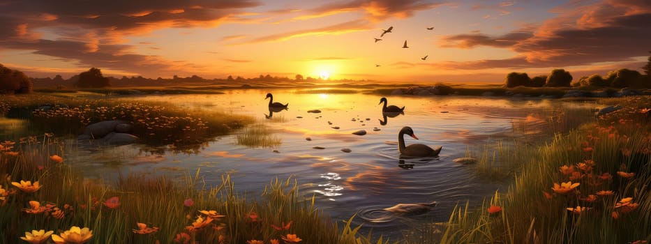 Serene wetland at sunset photo realistic illustration - Generative AI. Waterfawl, lake, sunset, lily, sky.