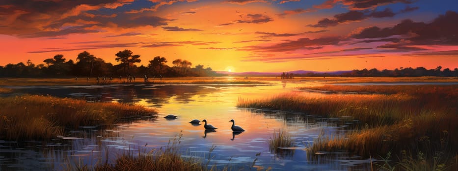 Serene wetland at sunset photo realistic illustration - Generative AI. Waterfawl, lake, sunset, lily, sky.