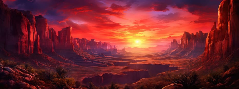 Canyon at twilight photo realistic illustration - Generative AI. Canyon, red, sunset, stones.