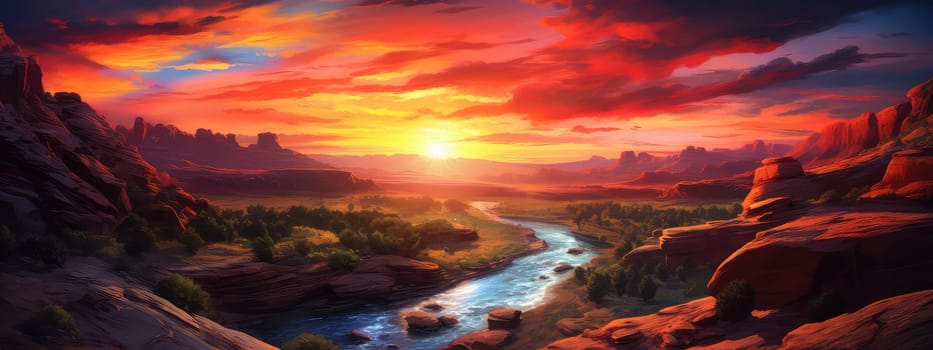 Canyon at twilight photo realistic illustration - Generative AI. Canyon, red, sunset, stones.