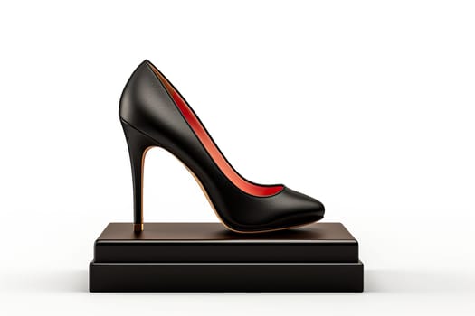 Beautiful elegant black women's high heel shoes standing on a black podium. White background. Side view. Generated by artificial intelligence