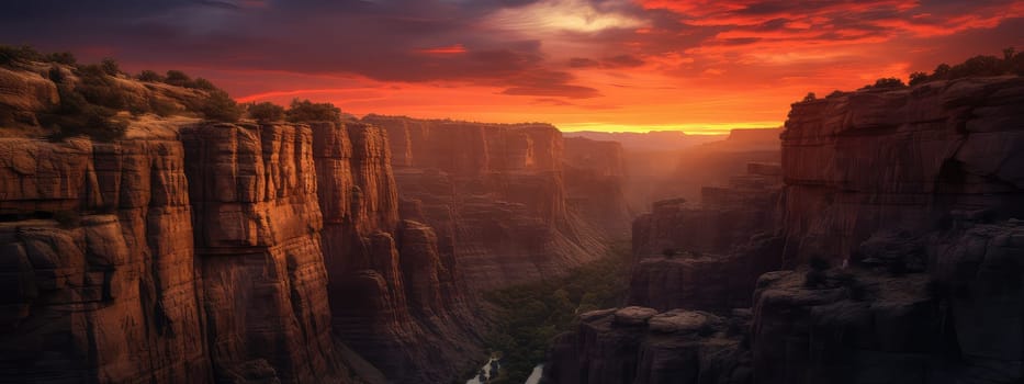 Canyon at twilight photo realistic illustration - Generative AI. Canyon, red, sunset, stones.