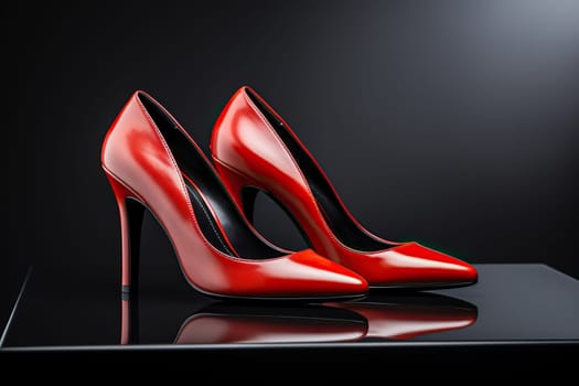 Beautiful elegant red women's high heel shoes standing on a black podium. Side view. Generated by artificial intelligence