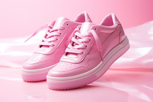 Pink women's leather sneakers without logo on a pink background. Youth shoes. Side view. Generated by artificial intelligence