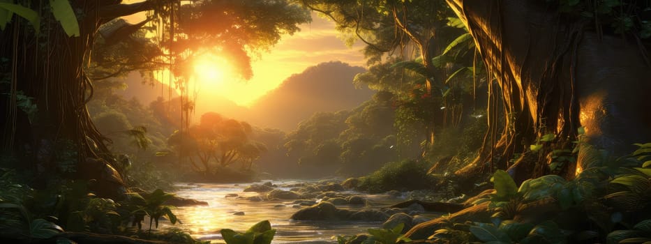Journey into the heart of a dense jungle at sunset photo realistic illustration - Generative AI. Jungle, trees, orange, sunset.