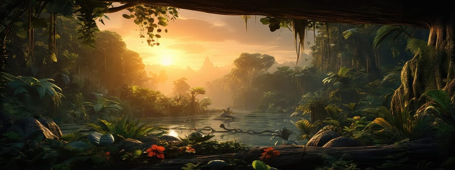 Journey into the heart of a dense jungle at sunset photo realistic illustration - Generative AI. Jungle, trees, orange, sunset.