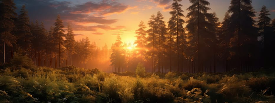 Journey into the heart of a dense rainforest at sunset photo realistic illustration - Generative AI. Rainforest, pines, log, orange, sunset.