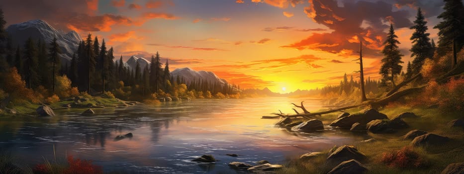 Wild river at sunset photo realistic illustration - Generative AI. River, stones, pines, violet, sun.