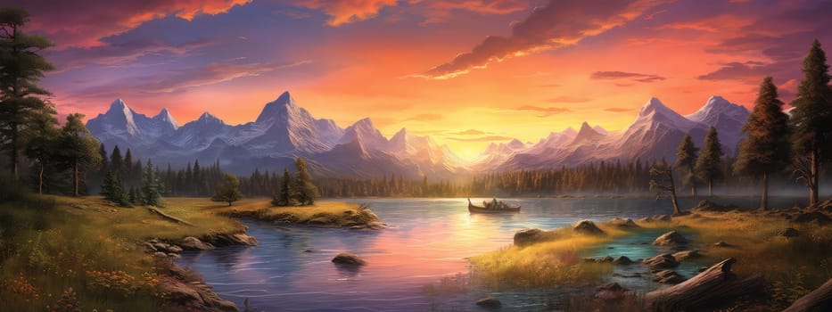 Wild river at sunset photo realistic illustration - Generative AI. River, stones, pines, violet, sun.