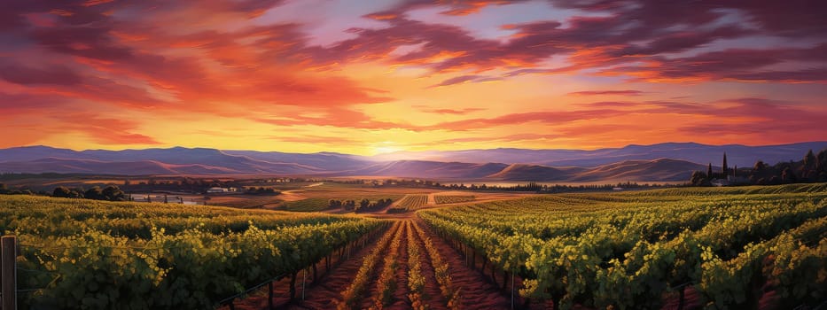 Tranquil vineyard at dusk photo realistic illustration - Generative AI. Vineyard, dusk, horizon, cloud.