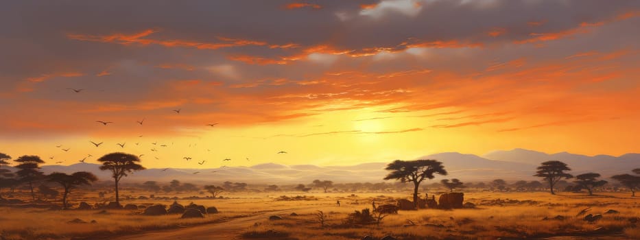 African plains at sunset photo realistic illustration - Generative AI. African, plains, elephants, orange, sunset.