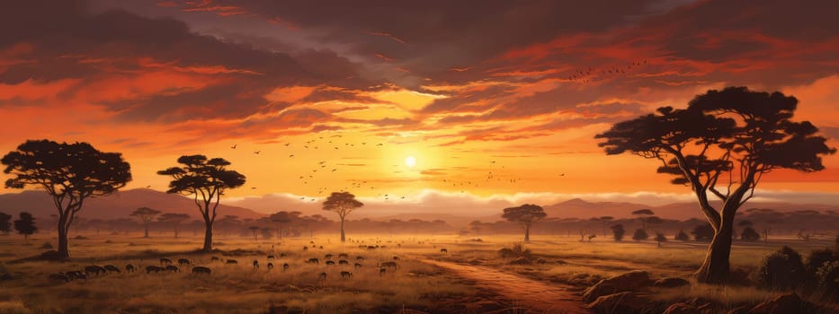 African plains at sunset photo realistic illustration - Generative AI. African, plains, elephants, orange, sunset.