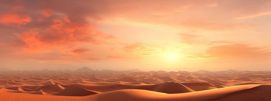 Desert at sunset photo realistic illustration - Generative AI. Sunset, desert, sand, red, sky.