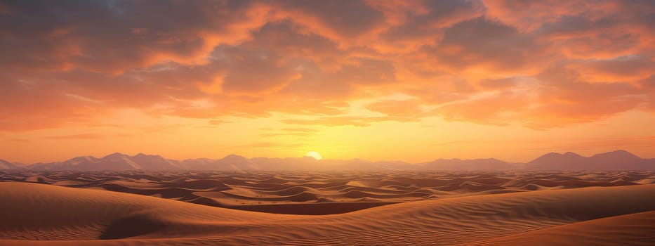 Desert at sunset photo realistic illustration - Generative AI. Sunset, desert, sand, red, sky.