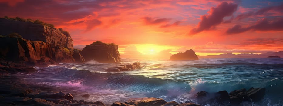 Coastline cliff at sunset photo realistic illustration - Generative AI. Cliff, ocean, red, sunset, cloud.