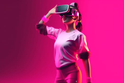 woman sport innovation futuristic reality smart game fly headset tech vr science three-dimensional neon glasses digital floating cyber connect virtual cyborg. Generative AI.