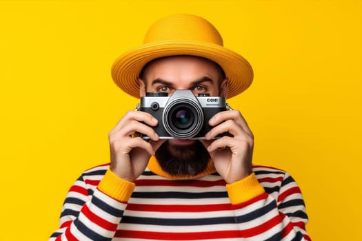 Art man yellow retro photograph person fashion shoot tourist lifestyle hobby portrait background camera traveler photo summer beauty caucasian studio modern vintage hipster