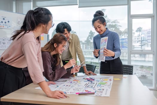 Asian office team brainstorming, plan for solution idea, Group of asia creative teamwork and woman leader at business meeting for developing mobile phone app, ux, ui start up, small business.